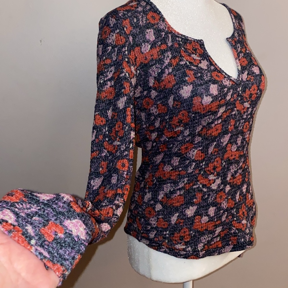 Free People Ciara Printed Floral Waffle Knit Top - Black Combo - Picture 3 of 12